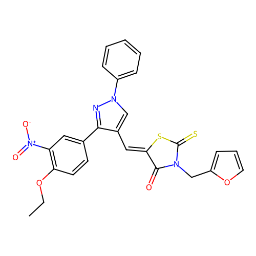 5-((3-(4-Ethoxy-3-nitrophenyl)-1-phenyl-1H-pyrazol-4-yl)methylene)-3-(furan-2-ylmethyl)-2-thioxothiazolidin-4-one structure