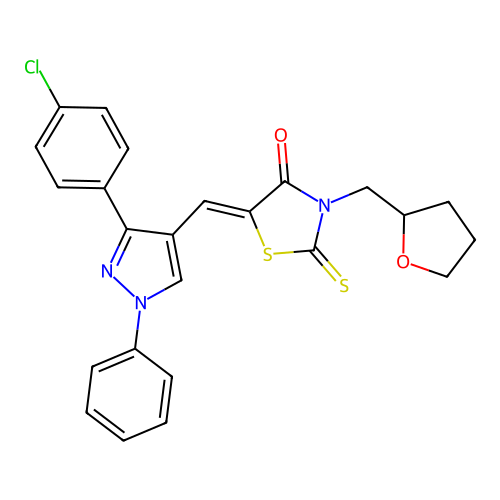 (5Z)-5-{[3-(4-chlorophenyl)-1-phenyl-1H-pyrazol-4-yl]methylene}-3-(tetrahydro-2-furanylmethyl)-2-thioxo-1,3-thiazolidin-4-one structure
