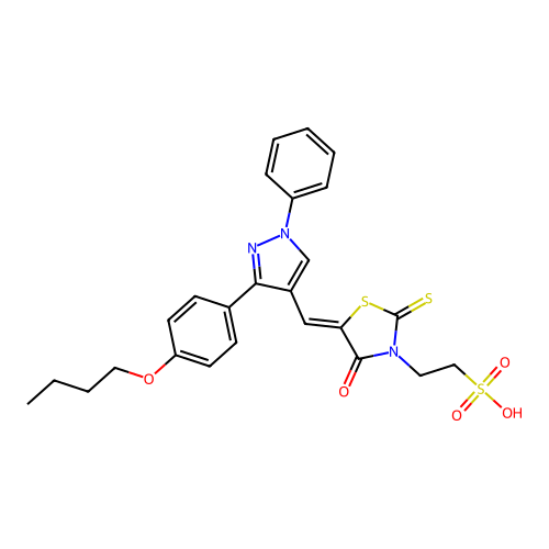 2-((5Z)-5-{[3-(4-butoxyphenyl)-1-phenyl-1H-pyrazol-4-yl]methylene}-4-oxo-2-thioxo-1,3-thiazolidin-3-yl)ethanesulfonic acid structure