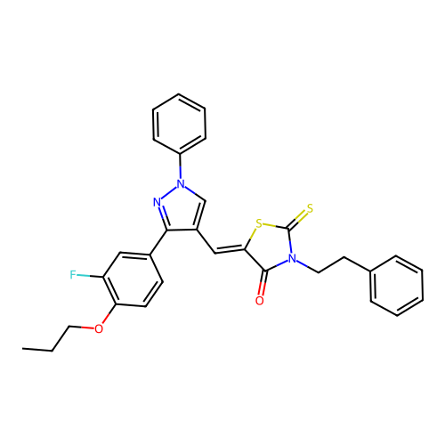 (5Z)-5-{[3-(3-fluoro-4-propoxyphenyl)-1-phenyl-1H-pyrazol-4-yl]methylene}-3-(2-phenylethyl)-2-thioxo-1,3-thiazolidin-4-one structure