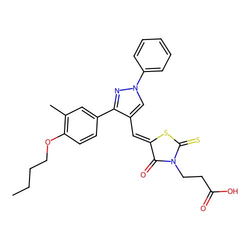 3-((5Z)-5-{[3-(4-BUTOXY-3-METHYLPHENYL)-1-PHENYL-1H-PYRAZOL-4-YL]METHYLENE}-4-OXO-2-THIOXO-1,3-THIAZOLIDIN-3-YL)PROPANOIC ACID structure