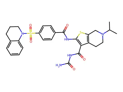 N-carbamoyl-2-[[4-(3,4-dihydro-2H-quinolin-1-ylsulfonyl)benzoyl]amino]-6-propan-2-yl-5,7-dihydro-4H-thieno[2,3-c]pyridine-3-carboxamide structure