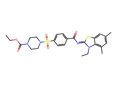 Ethyl 4-{4-[(3-ethyl-4,6-dimethyl-1,3-benzothiazol-2(3H)-ylidene)carbamoyl]benzene-1-sulfonyl}piperazine-1-carboxylate structure