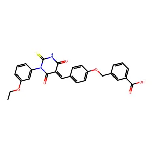 3-[[4-[(E)-[1-(3-ethoxyphenyl)-4,6-dioxo-2-sulfanylidene-1,3-diazinan-5-ylidene]methyl]phenoxy]methyl]benzoic acid structure