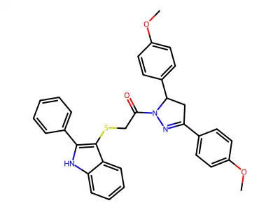 1-[3,5-Bis(4-methoxyphenyl)-4,5-dihydro-1H-pyrazol-1-yl]-2-[(2-phenyl-1H-indol-3-yl)sulfanyl]ethan-1-one structure
