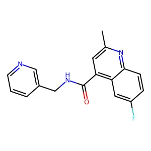 6-fluoro-2-methyl-N-(pyridin-3-ylmethyl)quinoline-4-carboxamide structure