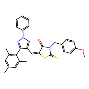 (5Z)-5-[(3-mesityl-1-phenyl-1H-pyrazol-4-yl)methylene]-3-(4-methoxybenzyl)-2-thioxo-1,3-thiazolidin-4-one structure