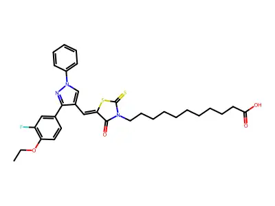 11-[5-[[3-(4-ethoxy-3-fluorophenyl)-1-phenylpyrazol-4-yl]methylidene]-4-oxo-2-sulfanylidene-1,3-thiazolidin-3-yl]undecanoic acid structure