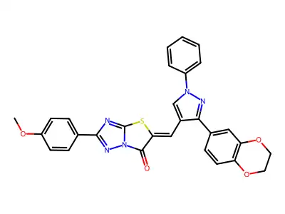 5-[[3-(2,3-dihydro-1,4-benzodioxin-6-yl)-1-phenylpyrazol-4-yl]methylidene]-2-(4-methoxyphenyl)-[1,3]thiazolo[3,2-b][1,2,4]triazol-6-one structure