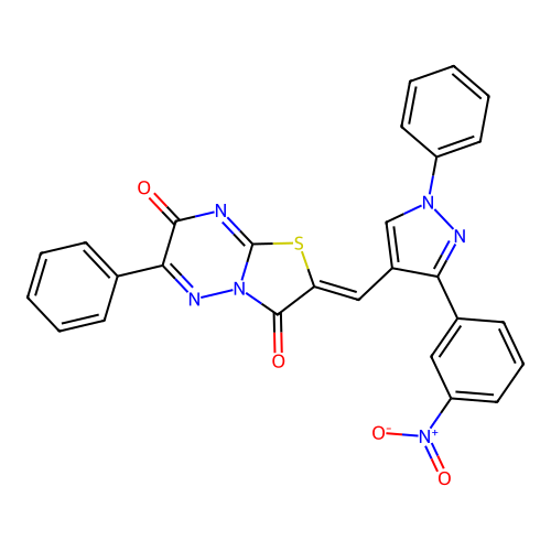 2-((3-(3-Nitrophenyl)-1-phenyl-1H-pyrazol-4-yl)methylene)-6-phenyl-2H-thiazolo[3,2-b][1,2,4]triazine-3,7-dione structure