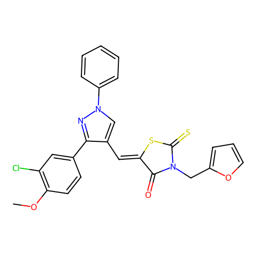(5Z)-5-{[3-(3-chloro-4-methoxyphenyl)-1-phenyl-1H-pyrazol-4-yl]methylene}-3-(2-furylmethyl)-2-thioxo-1,3-thiazolidin-4-one structure