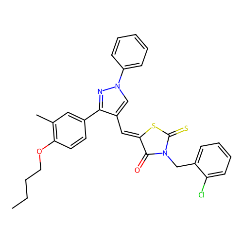 (5Z)-5-{[3-(4-butoxy-3-methylphenyl)-1-phenyl-1H-pyrazol-4-yl]methylene}-3-(2-chlorobenzyl)-2-thioxo-1,3-thiazolidin-4-one structure