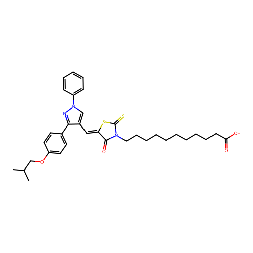 11-((5Z)-5-{[3-(4-isobutoxyphenyl)-1-phenyl-1H-pyrazol-4-yl]methylene}-4-oxo-2-thioxo-1,3-thiazolidin-3-yl)undecanoic acid structure