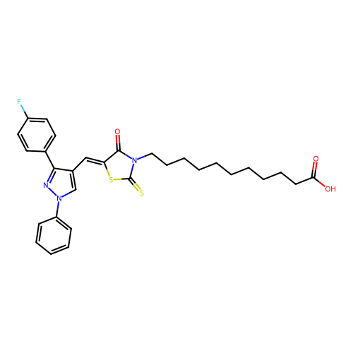 11-((5Z)-5-{[3-(4-fluorophenyl)-1-phenyl-1H-pyrazol-4-yl]methylene}-4-oxo-2-thioxo-1,3-thiazolidin-3-yl)undecanoic acid structure