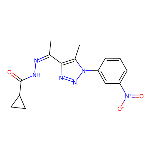 N-[(Z)-1-[5-methyl-1-(3-nitrophenyl)triazol-4-yl]ethylideneamino]cyclopropanecarboxamide structure