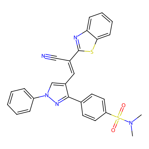 4-{4-[(E)-2-(1,3-benzothiazol-2-yl)-2-cyanoethenyl]-1-phenyl-1H-pyrazol-3-yl}-N,N-dimethylbenzenesulfonamide structure