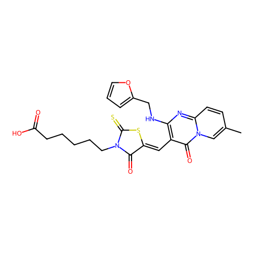 6-(5-((2-((Furan-2-ylmethyl)amino)-7-methyl-4-oxo-4H-pyrido[1,2-a]pyrimidin-3-yl)methylene)-4-oxo-2-thioxothiazolidin-3-yl)hexanoic acid structure