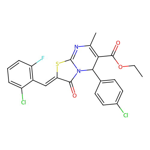 ethyl (2Z)-2-[(2-chloro-6-fluorophenyl)methylidene]-5-(4-chlorophenyl)-7-methyl-3-oxo-5H-[1,3]thiazolo[3,2-a]pyrimidine-6-carboxylate structure
