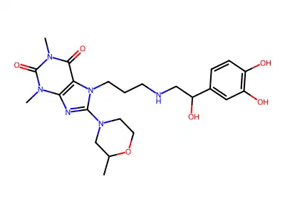 Theophylline, 7-(3-((2-(3,4-dihydroxyphenyl)-2-hydroxyethyl)amino)propyl)-8-(2-methylmorpholino)- structure