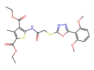 diethyl 5-[[2-[[5-(2,6-dimethoxyphenyl)-1,3,4-oxadiazol-2-yl]sulfanyl]acetyl]amino]-3-methylthiophene-2,4-dicarboxylate structure