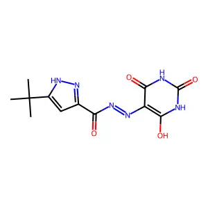 5-tert-butyl-N-[(2,4,6-trioxo-1,3-diazinan-5-ylidene)amino]-1H-pyrazole-3-carboxamide structure
