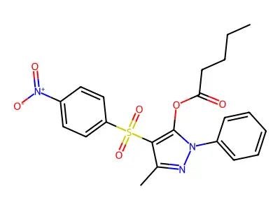 3-methyl-4-(4-nitrobenzenesulfonyl)-1-phenyl-1H-pyrazol-5-yl pentanoate structure