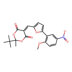 2-tert-butyl-5-{[5-(2-methoxy-5-nitrophenyl)furan-2-yl]methylidene}-2-methyl-1,3-dioxane-4,6-dione structure