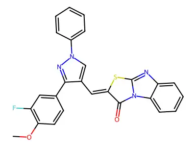 (2Z)-2-{[3-(3-fluoro-4-methoxyphenyl)-1-phenyl-1H-pyrazol-4-yl]methylene}[1,3]thiazolo[3,2-a]benzimidazol-3(2H)-one structure