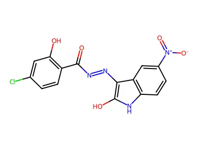 4-CL-2-Hydroxy-N'-(5-nitro-2-oxo-1,2-dihydro-3H-indol-3-ylidene)benzohydrazide structure
