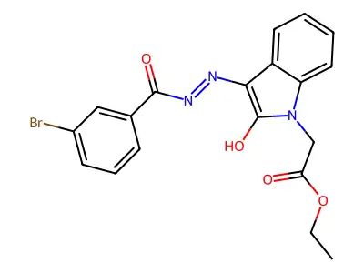 Ethyl (3-((3-bromobenzoyl)hydrazono)-2-oxo-2,3-dihydro-1H-indol-1-YL)acetate structure