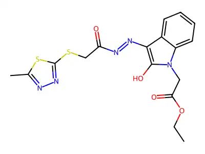 ethyl [(3Z)-3-({[(5-methyl-1,3,4-thiadiazol-2-yl)sulfanyl]acetyl}hydrazono)-2-oxo-2,3-dihydro-1H-indol-1-yl]acetate structure