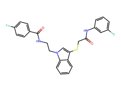 4-Fluoro-N-[2-(3-{[2-(3-fluoroanilino)-2-oxoethyl]sulfanyl}-1H-indol-1-yl)ethyl]benzamide structure