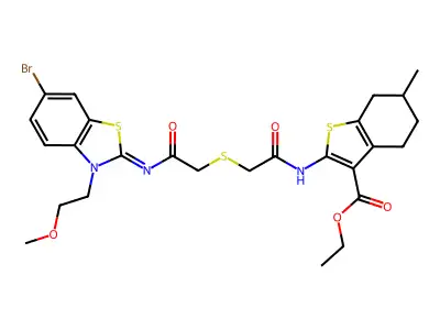 ethyl 2-[[2-[2-[[6-bromo-3-(2-methoxyethyl)-1,3-benzothiazol-2-ylidene]amino]-2-oxoethyl]sulfanylacetyl]amino]-6-methyl-4,5,6,7-tetrahydro-1-benzothiophene-3-carboxylate structure