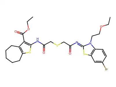 ethyl 2-[[2-[2-[[6-bromo-3-(2-ethoxyethyl)-1,3-benzothiazol-2-ylidene]amino]-2-oxoethyl]sulfanylacetyl]amino]-5,6,7,8-tetrahydro-4H-cyclohepta[b]thiophene-3-carboxylate structure