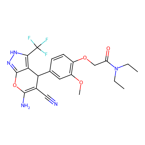 2-(4-(6-amino-5-cyano-3-(trifluoromethyl)-2,4-dihydropyrano[2,3-c]pyrazol-4-yl)-2-methoxyphenoxy)-N,N-diethylacetamide structure