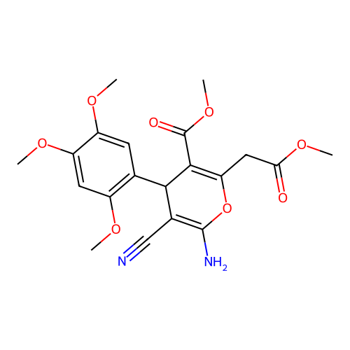 methyl 6-amino-5-cyano-2-(2-methoxy-2-oxoethyl)-4-(2,4,5-trimethoxyphenyl)-4H-pyran-3-carboxylate structure