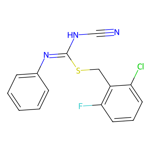 (2-chloro-6-fluorophenyl)methyl N-cyano-N'-phenylcarbamimidothioate structure