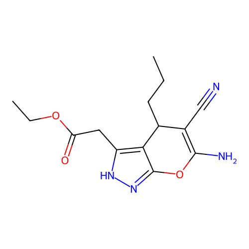 Ethyl 2-(6-amino-5-cyano-4-propyl-2,4-dihydropyrano[2,3-c]pyrazol-3-yl)acetate structure