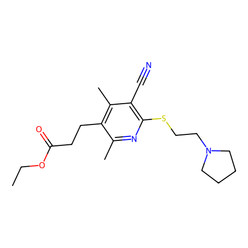 Ethyl 3-[5-cyano-2,4-dimethyl-6-(2-pyrrolidinylethylthio)-3-pyridyl]propanoate structure