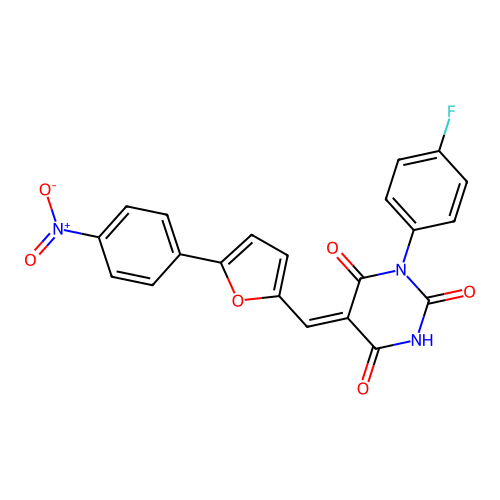 1-(4-fluorophenyl)-5-[[5-(4-nitrophenyl)-2-furyl]methylidene]-1,3-diazinane-2,4,6-trione structure