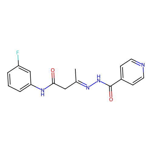 (3E)-N-(3-fluorophenyl)-3-[2-(pyridin-4-ylcarbonyl)hydrazinylidene]butanamide structure