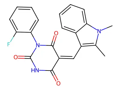 5-[(1,2-dimethylindol-3-yl)methylidene]-1-(2-fluorophenyl)-1,3-diazinane-2,4,6-trione structure