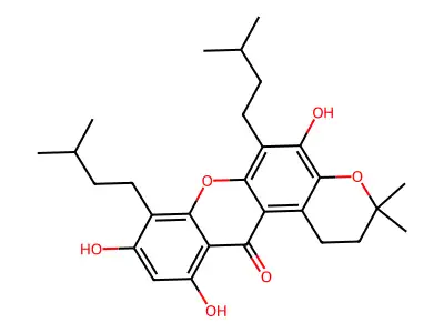 2,3-Dihydro-5,9,11-trihydroxy-3,3-dimethyl-6,8-bis(3-methylbutyl)pyrano[3,2-a]xanthen-12(1H)-one structure