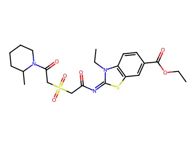 Ethyl (2Z)-3-ethyl-2-({[2-(2-methylpiperidin-1-yl)-2-oxoethanesulfonyl]acetyl}imino)-2,3-dihydro-1,3-benzothiazole-6-carboxylate structure