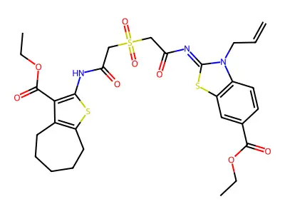 ethyl 2-[2-[2-[(3-ethoxycarbonyl-5,6,7,8-tetrahydro-4H-cyclohepta[b]thiophen-2-yl)amino]-2-oxoethyl]sulfonylacetyl]imino-3-prop-2-enyl-1,3-benzothiazole-6-carboxylate structure