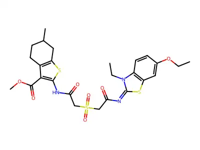 methyl 2-[[2-[2-[(6-ethoxy-3-ethyl-1,3-benzothiazol-2-ylidene)amino]-2-oxoethyl]sulfonylacetyl]amino]-6-methyl-4,5,6,7-tetrahydro-1-benzothiophene-3-carboxylate structure