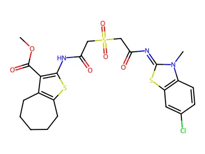methyl 2-[[2-[2-[(6-chloro-3-methyl-1,3-benzothiazol-2-ylidene)amino]-2-oxoethyl]sulfonylacetyl]amino]-5,6,7,8-tetrahydro-4H-cyclohepta[b]thiophene-3-carboxylate structure