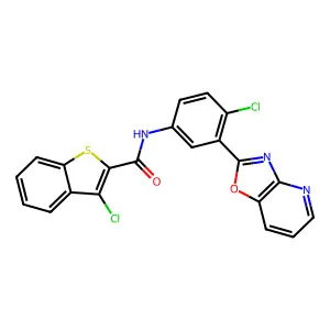 3-chloro-N-[4-chloro-3-([1,3]oxazolo[4,5-b]pyridin-2-yl)phenyl]-1-benzothiophene-2-carboxamide structure
