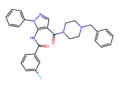 N-[4-(4-benzylpiperazine-1-carbonyl)-2-phenyl-pyrazol-3-yl]-3-fluoro-benzamide structure
