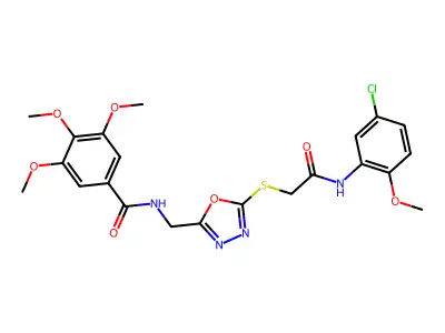 N-[[5-[2-(5-chloro-2-methoxyanilino)-2-oxoethyl]sulfanyl-1,3,4-oxadiazol-2-yl]methyl]-3,4,5-trimethoxybenzamide structure
